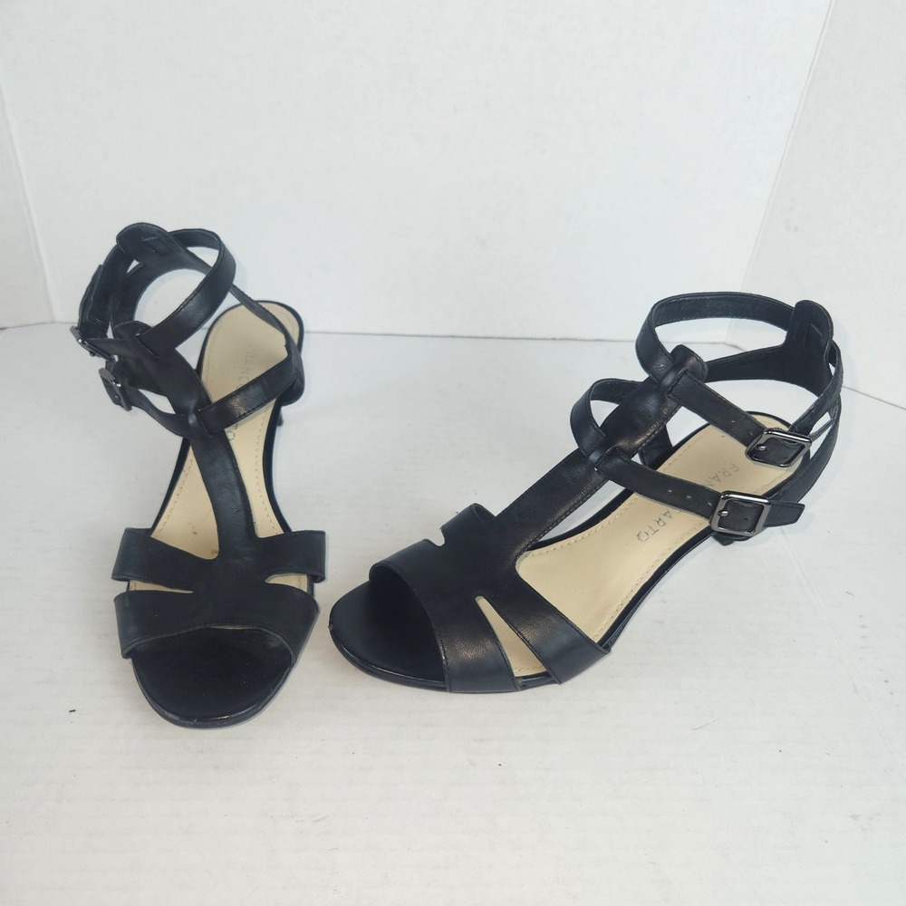 Franco Sarto Womens Black Leather T-Strap Gladiator Kitten Heel Sandals Size 8